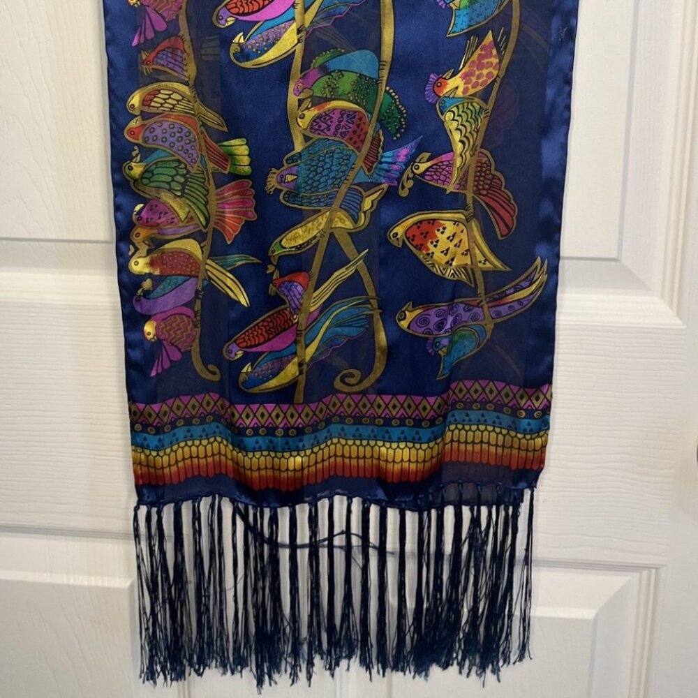 Laurel Burch Fringed Blue Scarf with Tropical Birds
